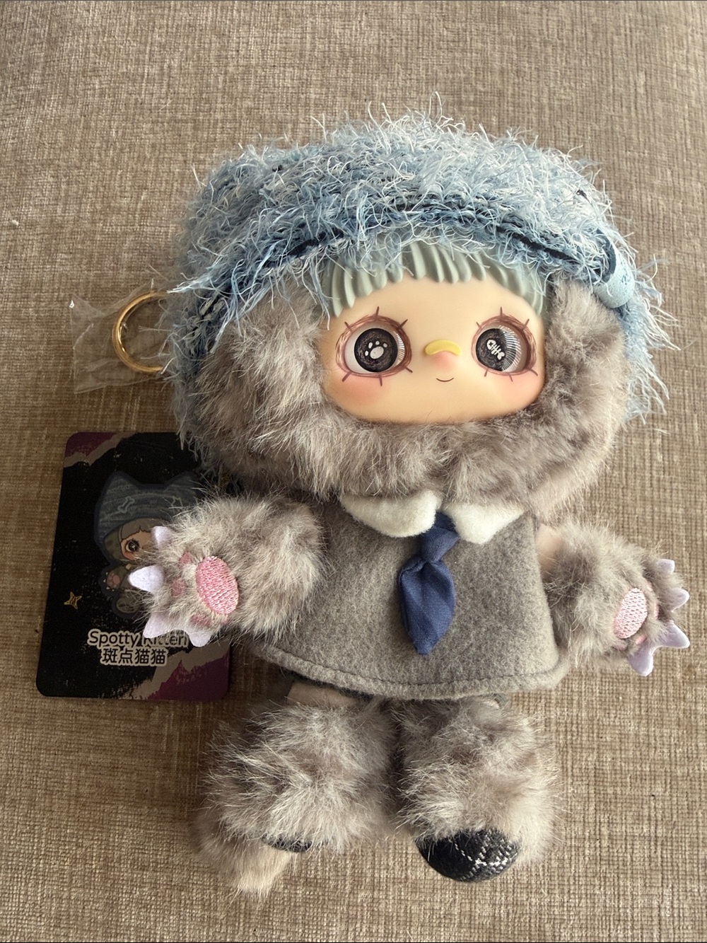 Kitten Academy Cute Plush Doll Keychain in Gray with Blue Hat /spotty kitten